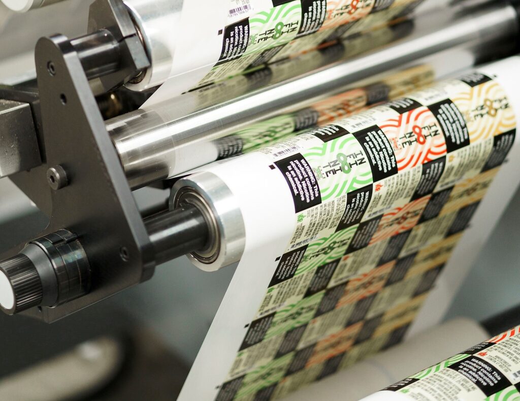 A digital printing machine making 7-color process labels.