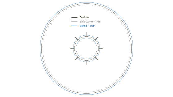 A keg collar template showing an example dieline, safe zone, and bleed.