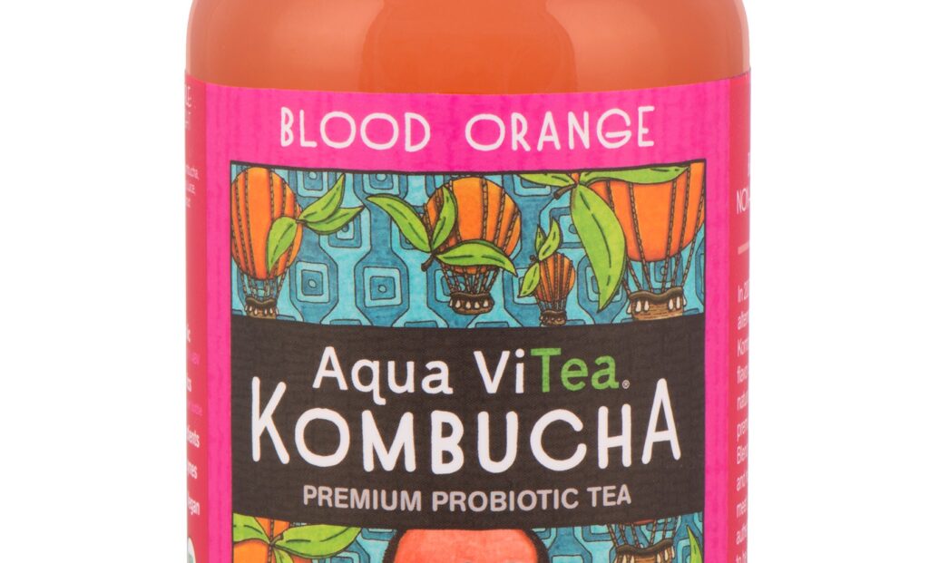 A closeup on a colorful kombucha label.