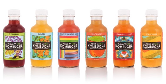 An assortment of kombucha labels that show off the contents of their containers.