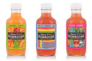 A trio of kombucha bottles with labels.