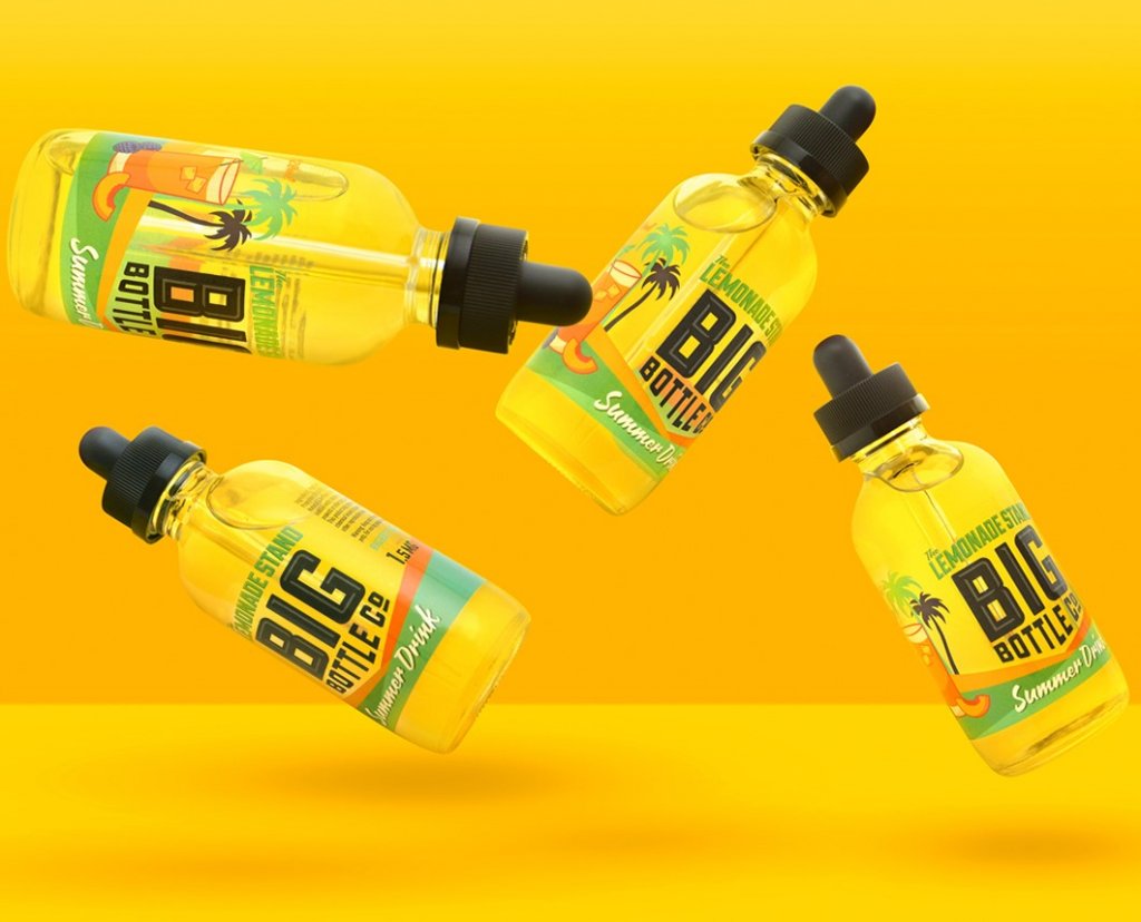 Four e-juice bottles that follow proper cannabis labeling requirements.