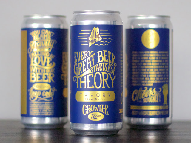 Theory Brewing blue and gold custom crowler labels on cans