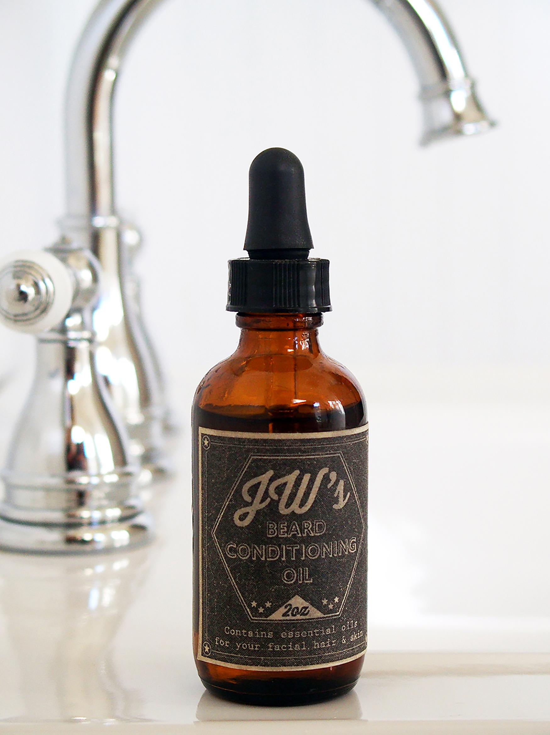 Beard oil bottle with custom label