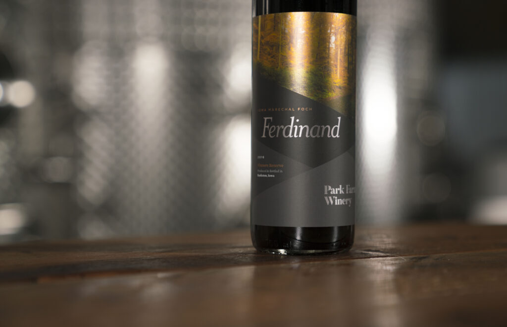 A wine bottle label for Park Farm Winery that lists marechal foch as the varietal of grapes used in the wine.