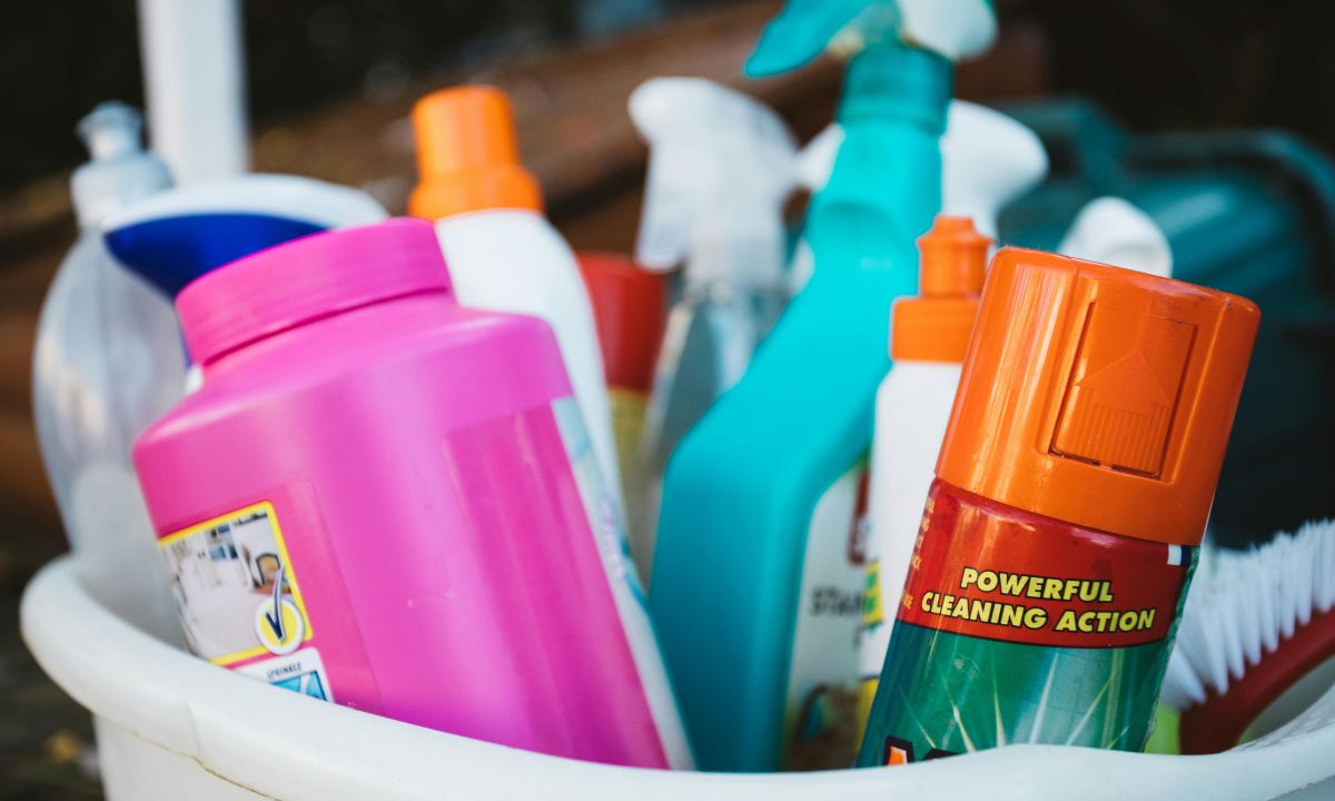 Cleaning products in plastic bottles