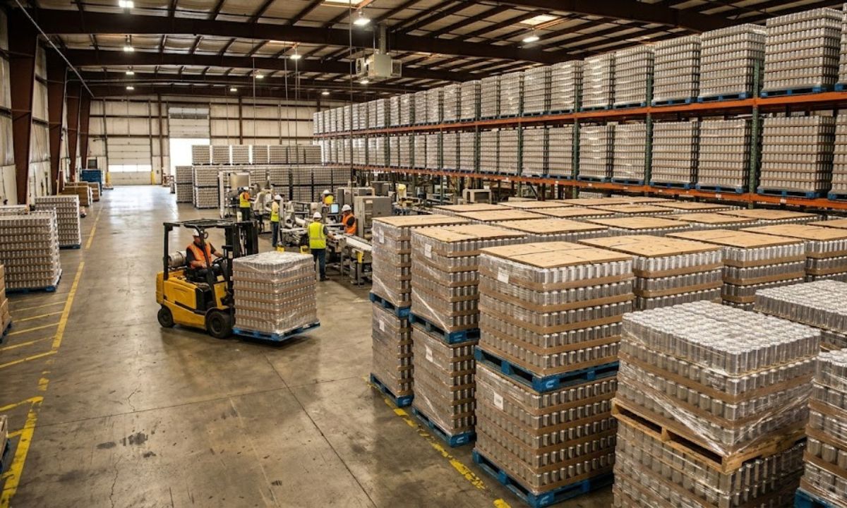 Warehouse of cans on pallets