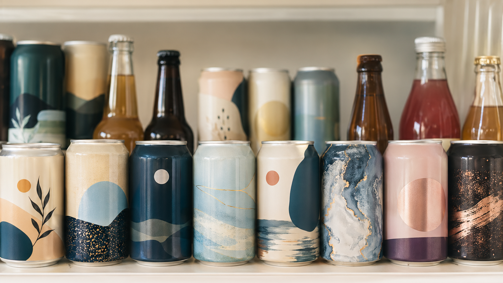 Beverage cans and bottles with labels, shrink sleeves, and direct-to-can printing