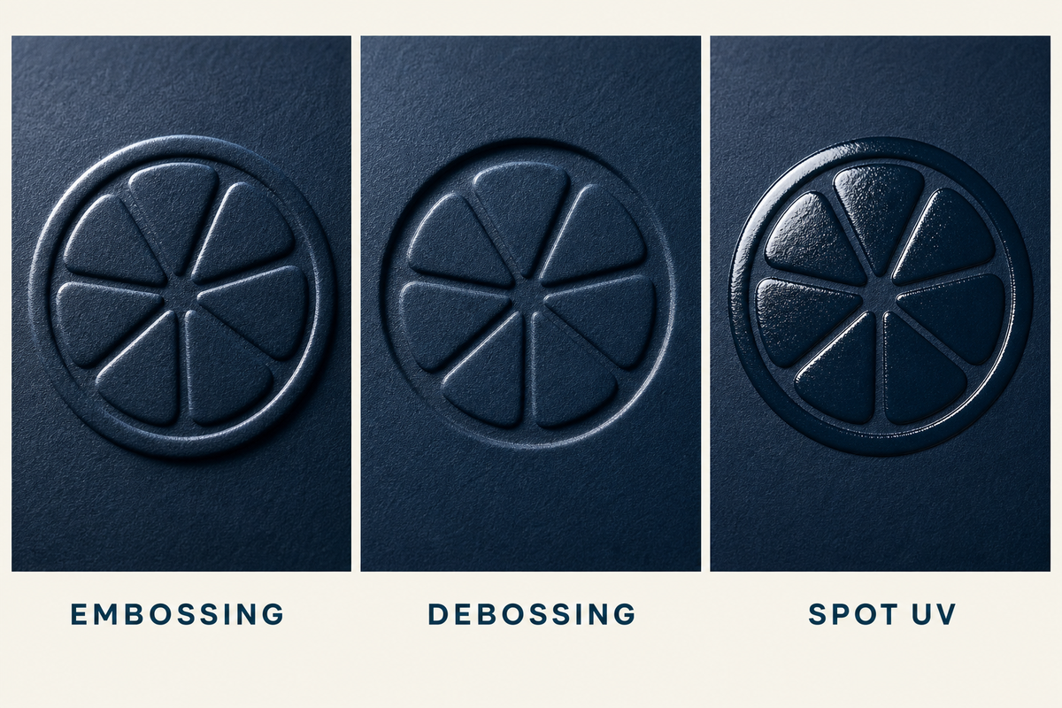 Embossing, debossing, and spot UV on beverage labels