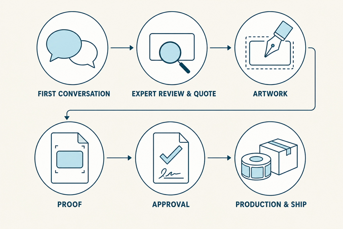 Six-stage label run process: first conversation, Expert Review and quote, artwork, proof, approval, then production and shipping.